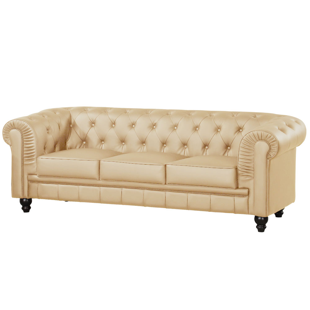 Canap&eacute; Chesterfield Cuir Beige 3 places