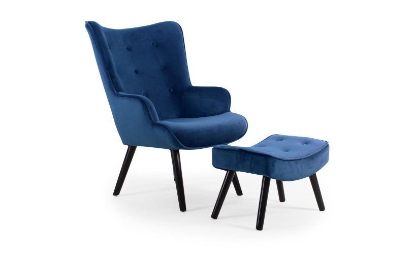 Lylo fauteuil en voetenbank in comfortabele blauwe kleur om te lezen op een witte achtergrond